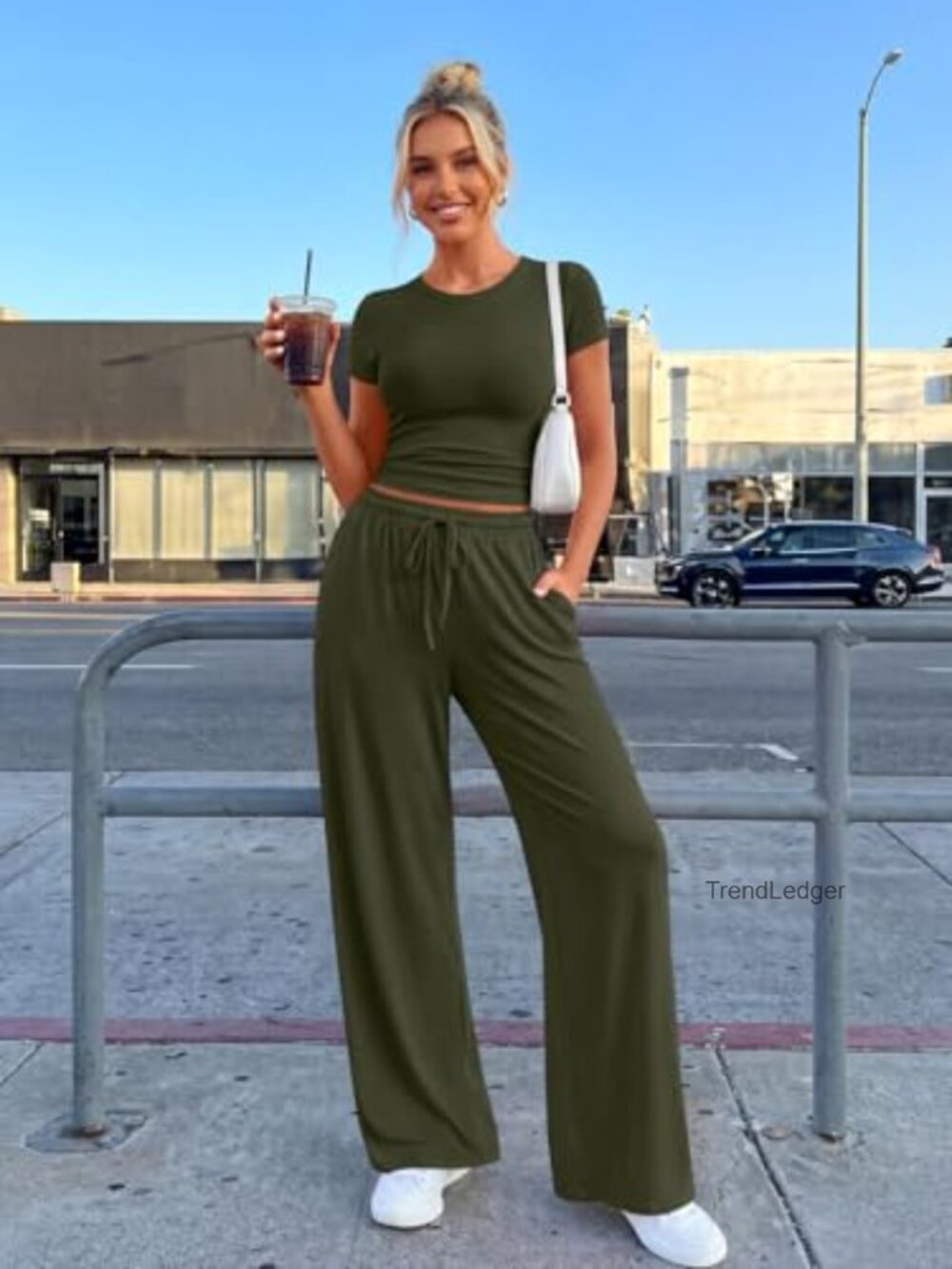 2 Piece Matching Summer Sweatsuit Lounge Set Side Ruching Top Wide Leg Pants - Picture 2 of 7